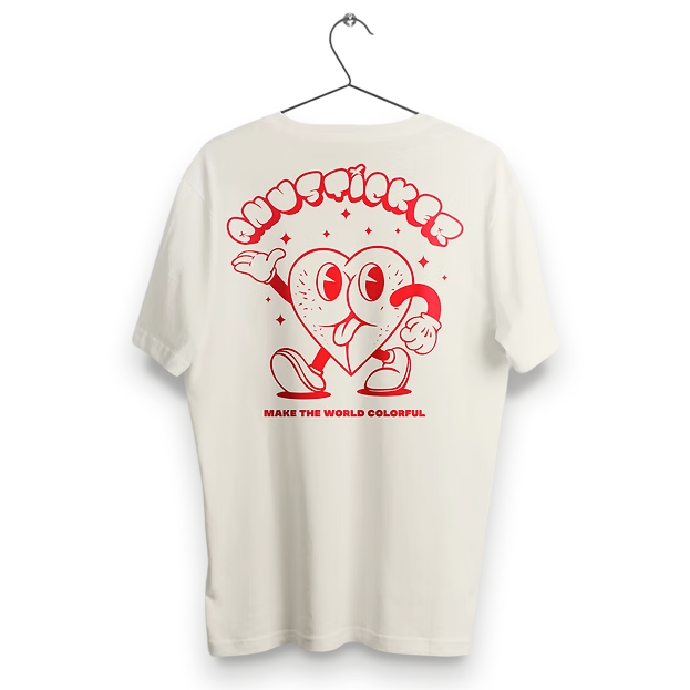 Creme farbenes T-Shirt mit rotem Cartoon-Aufdruck eines lächelnden Charakters mit Regenbogen und Text Make the World Colorful